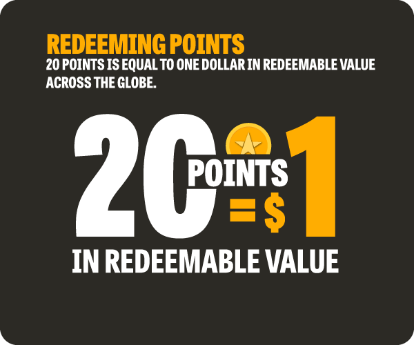 Redeeming points: 20 points = $1 in redeemable value, the same everywhere you go.